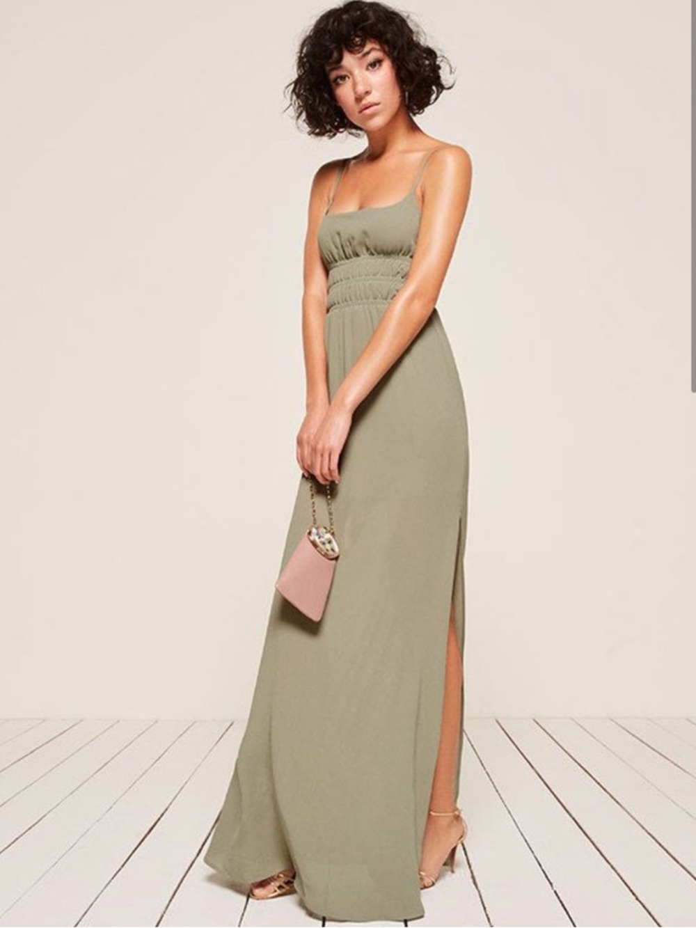 Reformation Olive Strap Maxi Dress with Side Slit